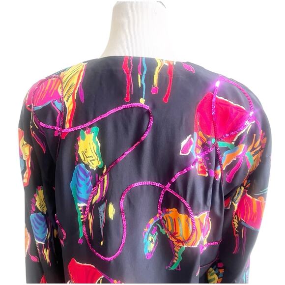 Escada By Margaretha Ley 100% Silk Neon Zebra Print Blouse Sequins Size 42/Large - Picture 7 of 10